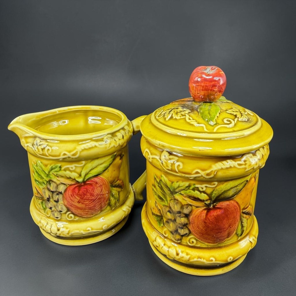 Vintage Geo Z Lefton Harvest Fruit‎ Creamer and Sugar Bowl Set Yellow Japan VTG